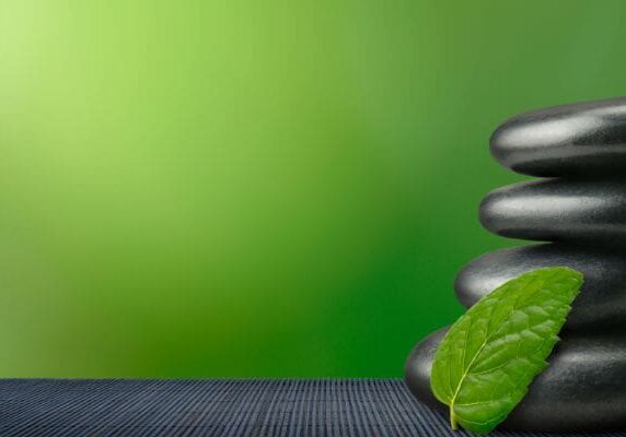 A stack of rocks with a green leaf on top